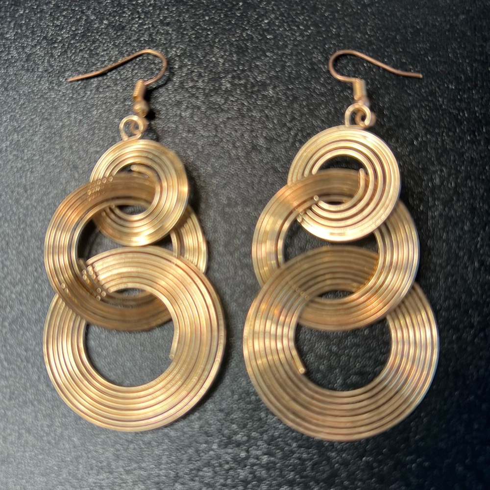 70's Style Disco Circle Swirl Gold Tone Triple Dangle Earrings 🔥